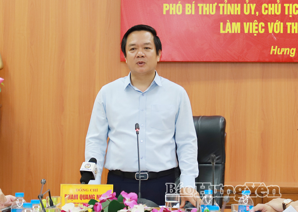 Đồng chí Phạm Quang Ngọc, Ủy viên Ban Chấp hành Trung ương Đảng, Phó Bí thư Tỉnh ủy, Chủ tịch UBND tỉnh phát biểu tại buổi làm việc.